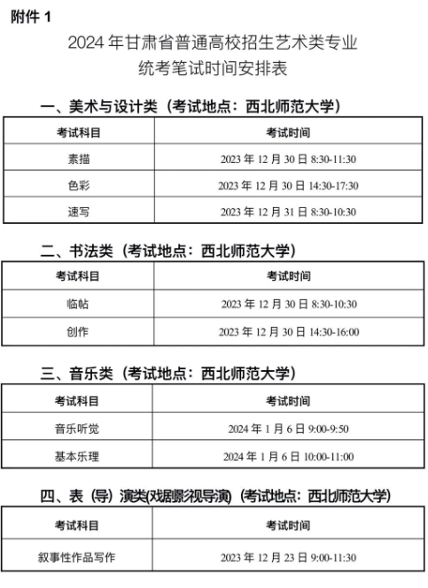 2024年甘肃省普通高等学校艺术类专业考试及招生工作有关事项通知